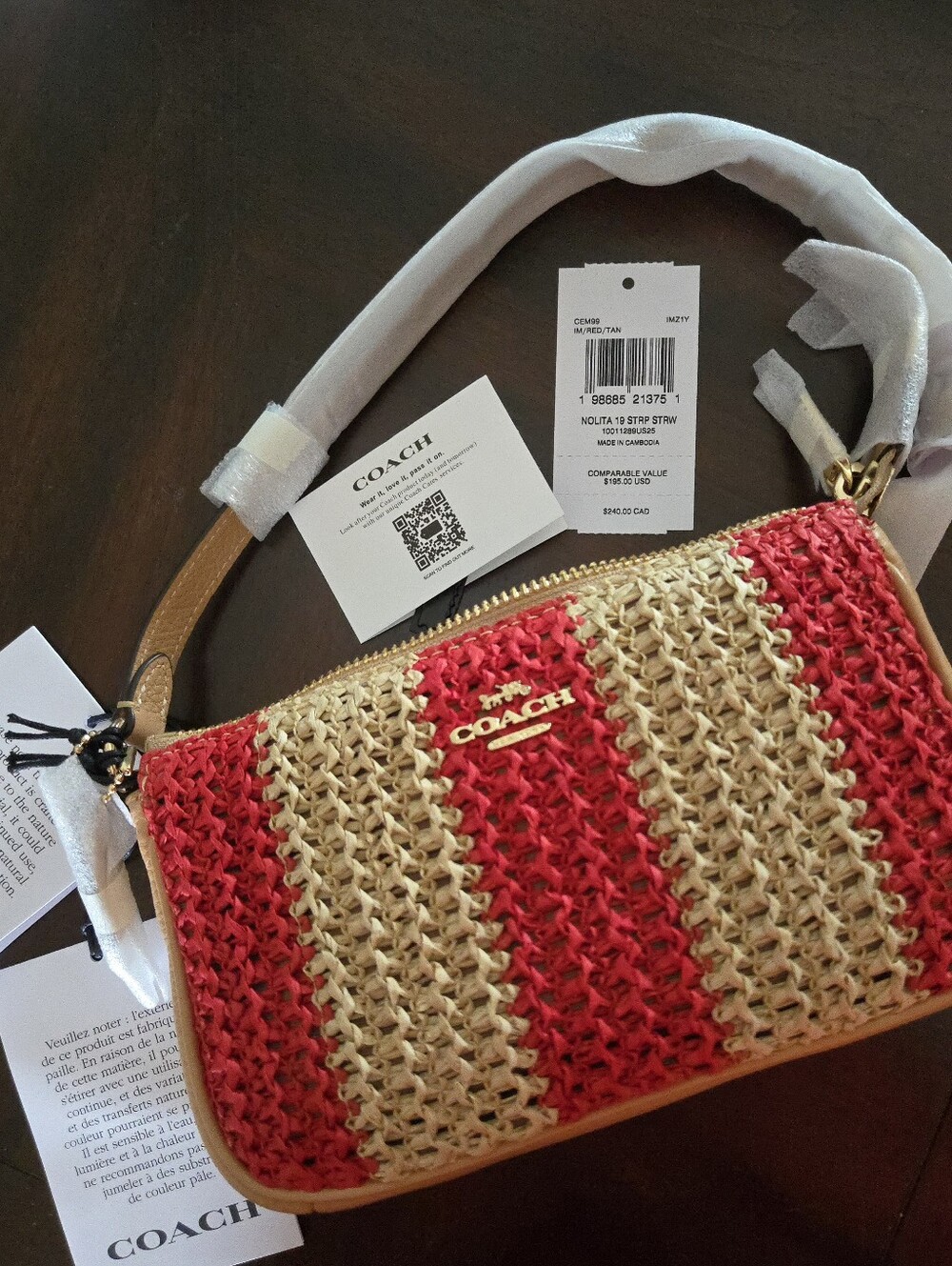 NWT Coach Nolita 19 Sm. Grab Clutch Raffia & Leather Red & Tan - Picture 11 of 12
